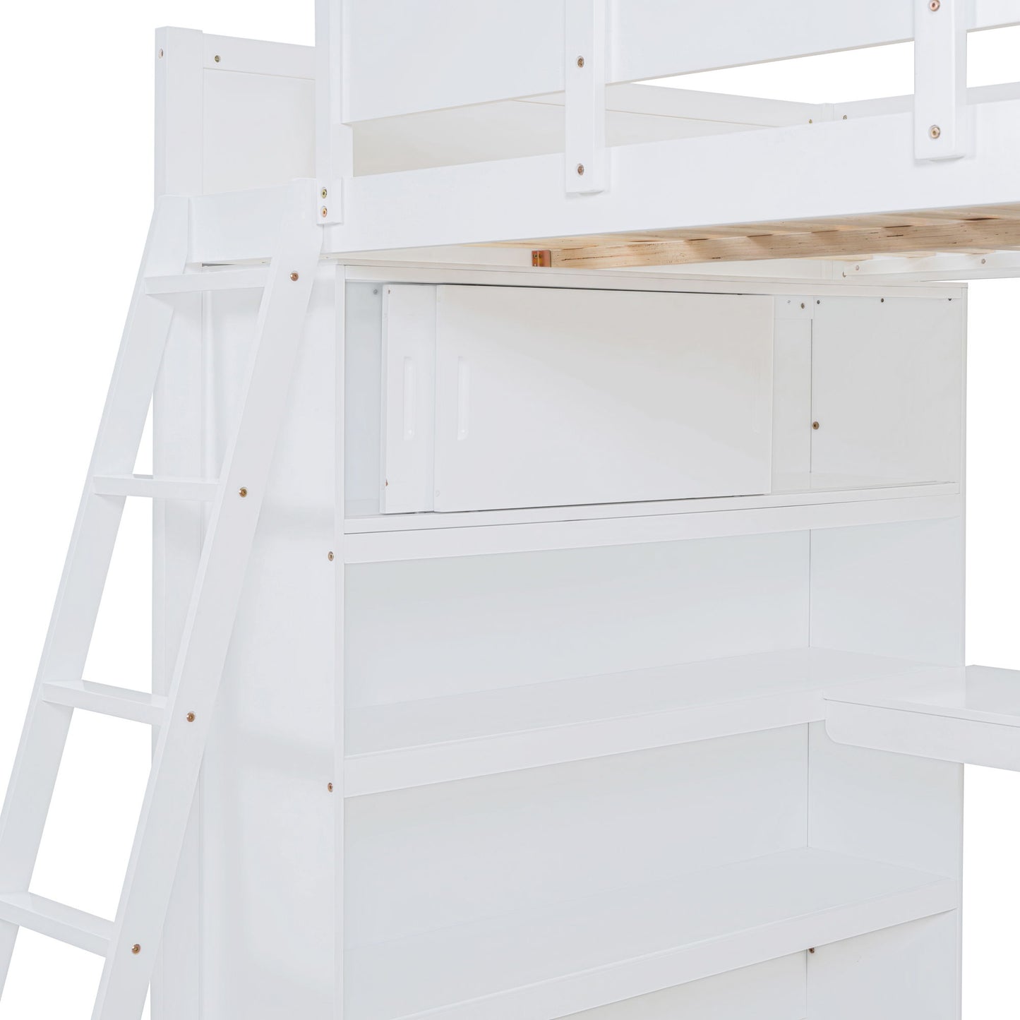 Full Size Loft Bed With Desk And Storage Shelves - White
