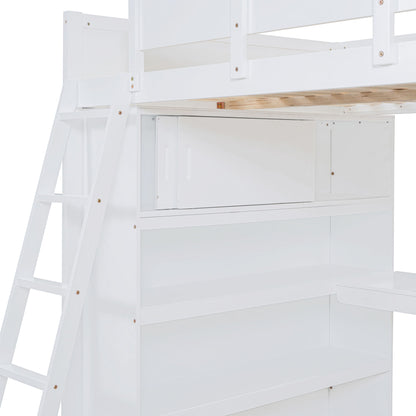 Full Size Loft Bed With Desk And Storage Shelves - White