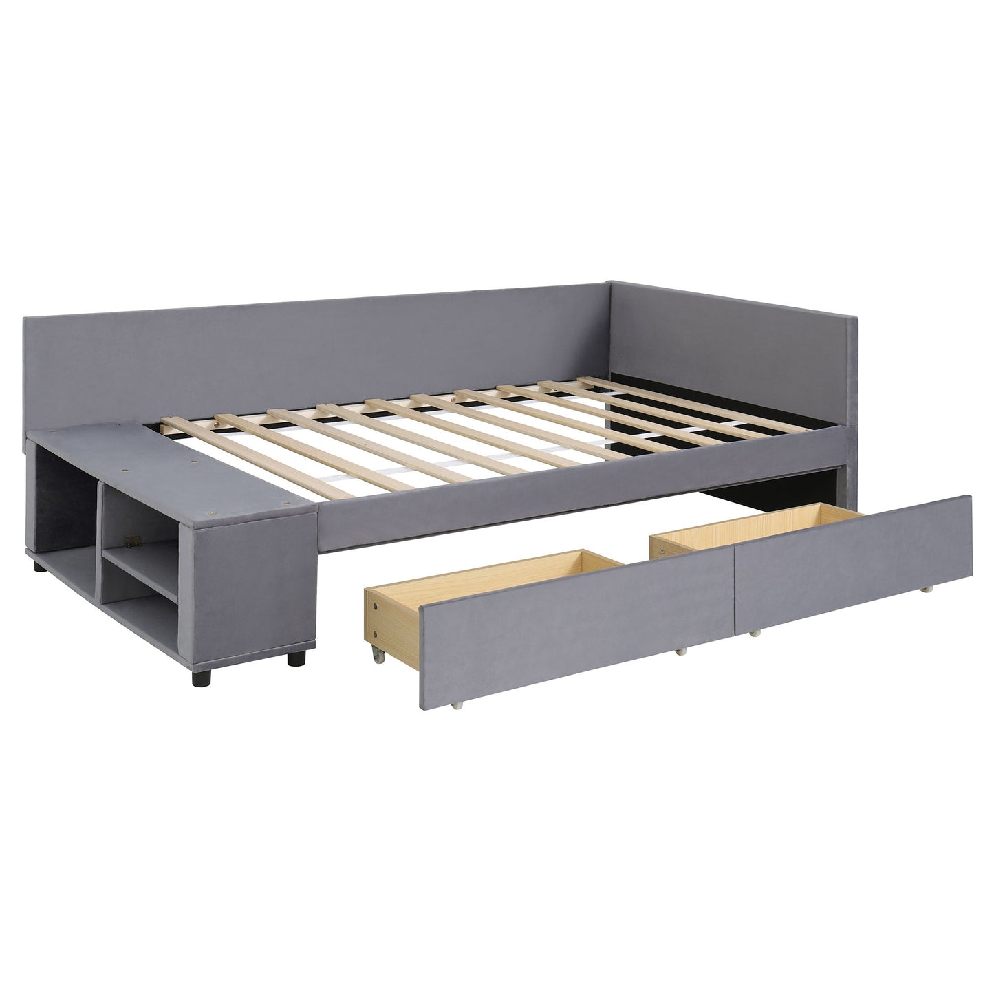Twin L Shaped Upholstered Platform Bed With Storage Drawers - Gray
