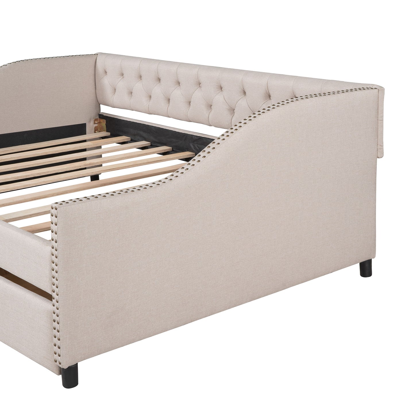 Full Size Upholstered Daybed With Two Drawers, Slat Support - Beige