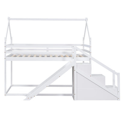 Twin Over Twin House Loft Or Bunk Bed With Slide And Staircase - White
