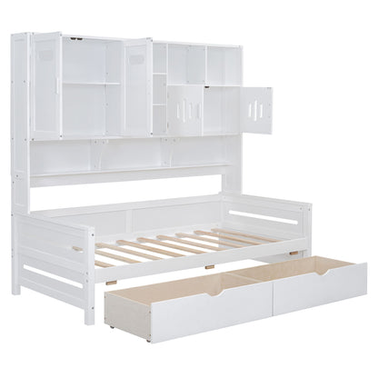 Twin Size Daybed With 2 Drawers And All In One Cabinet And Shelf - White