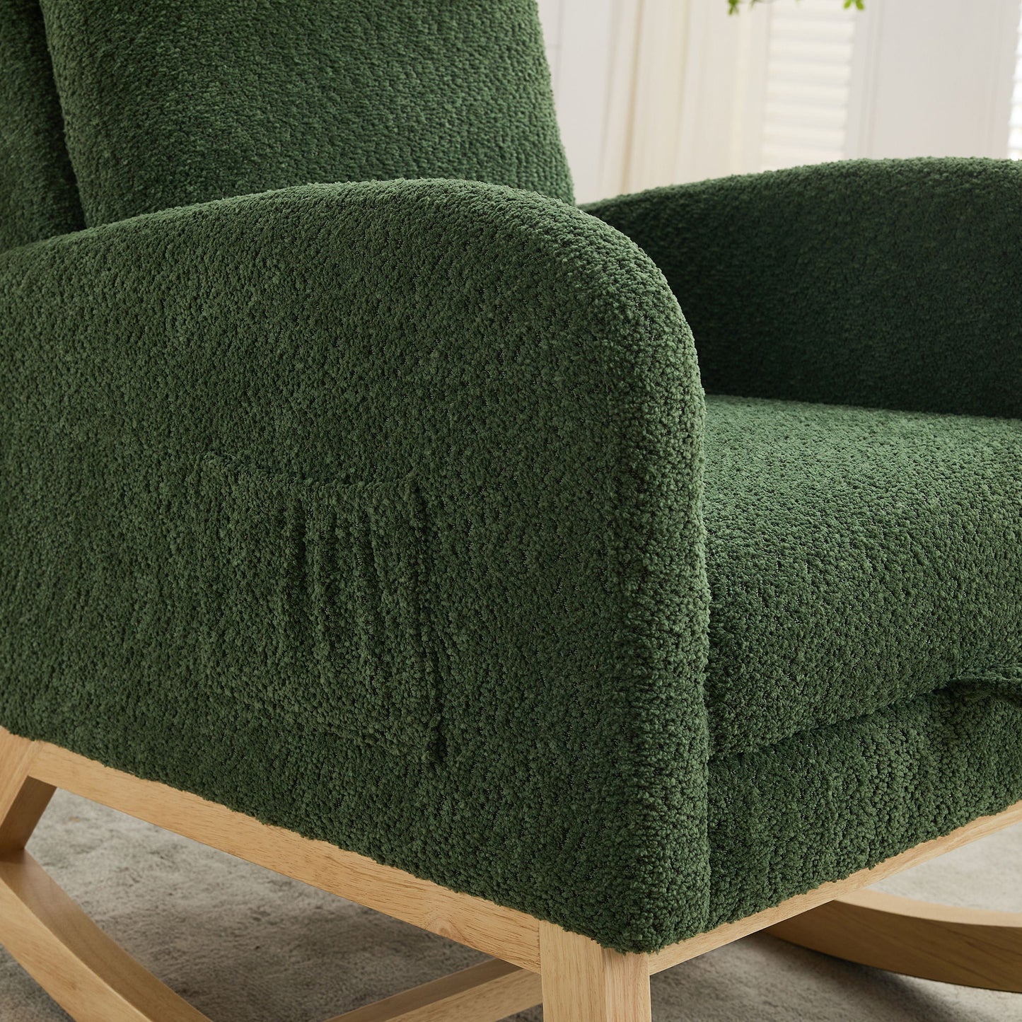 Boucle High Back Glider Rocking Chair With Retractable Footrest And Rubber Wood Legs For Nursery And Living Room - Green