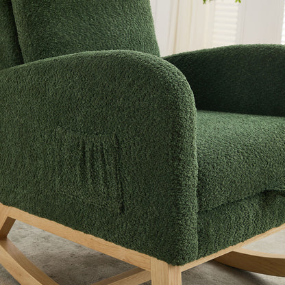Boucle High Back Glider Rocking Chair With Retractable Footrest And Rubber Wood Legs For Nursery And Living Room - Green