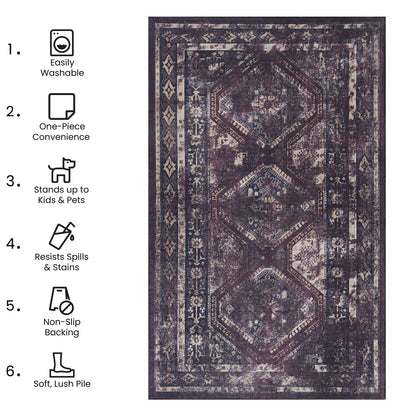 Maval - 3' X 5' Washable Area Rug - Black / Burgundy