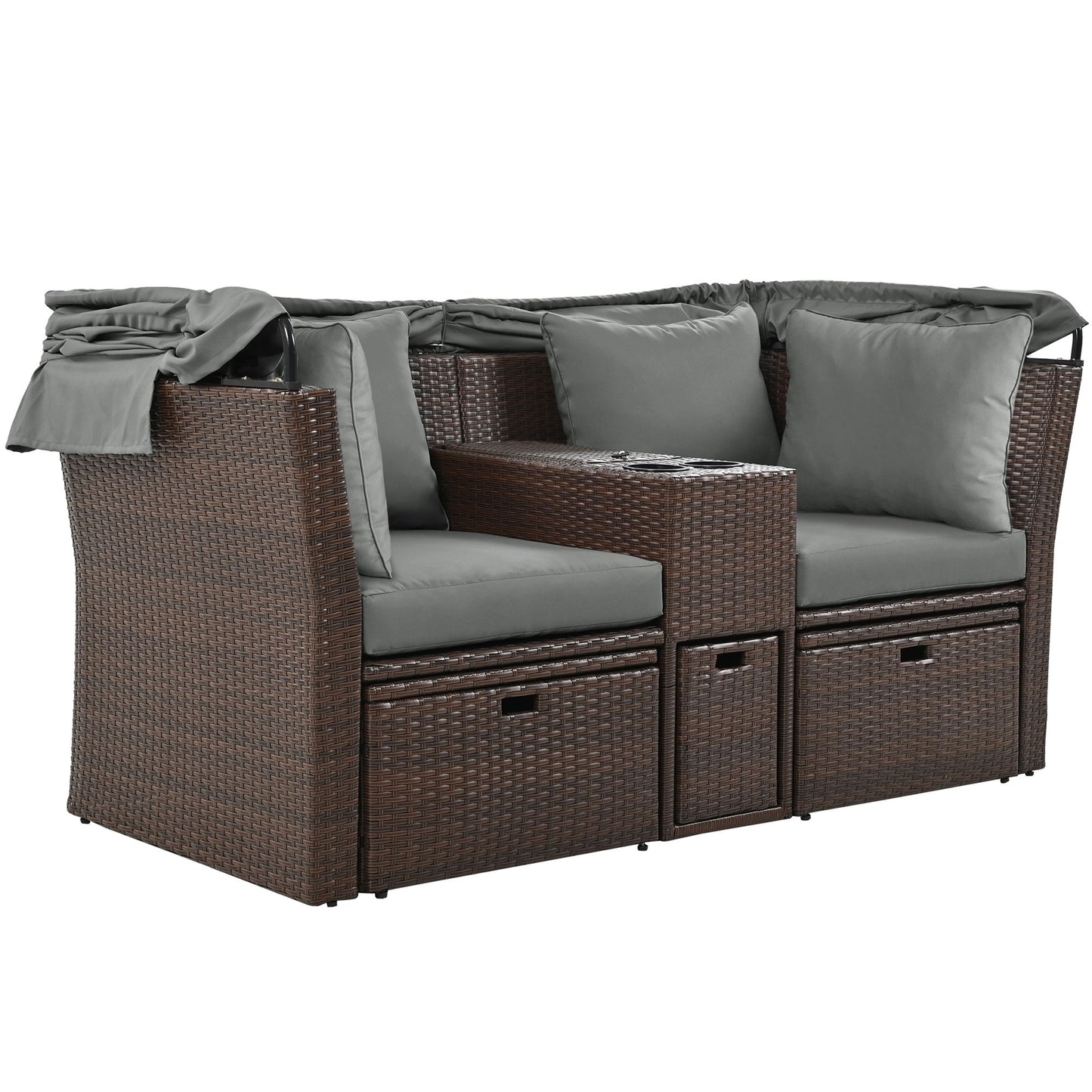 2 Seater Outdoor Patio Daybed Outdoor Double Daybed Outdoor Loveseat Sofa Set With Foldable Awning And Cushions For Garden, Balcony, Poolside - Gray