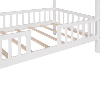 Twin Size House Bed With Fence - White