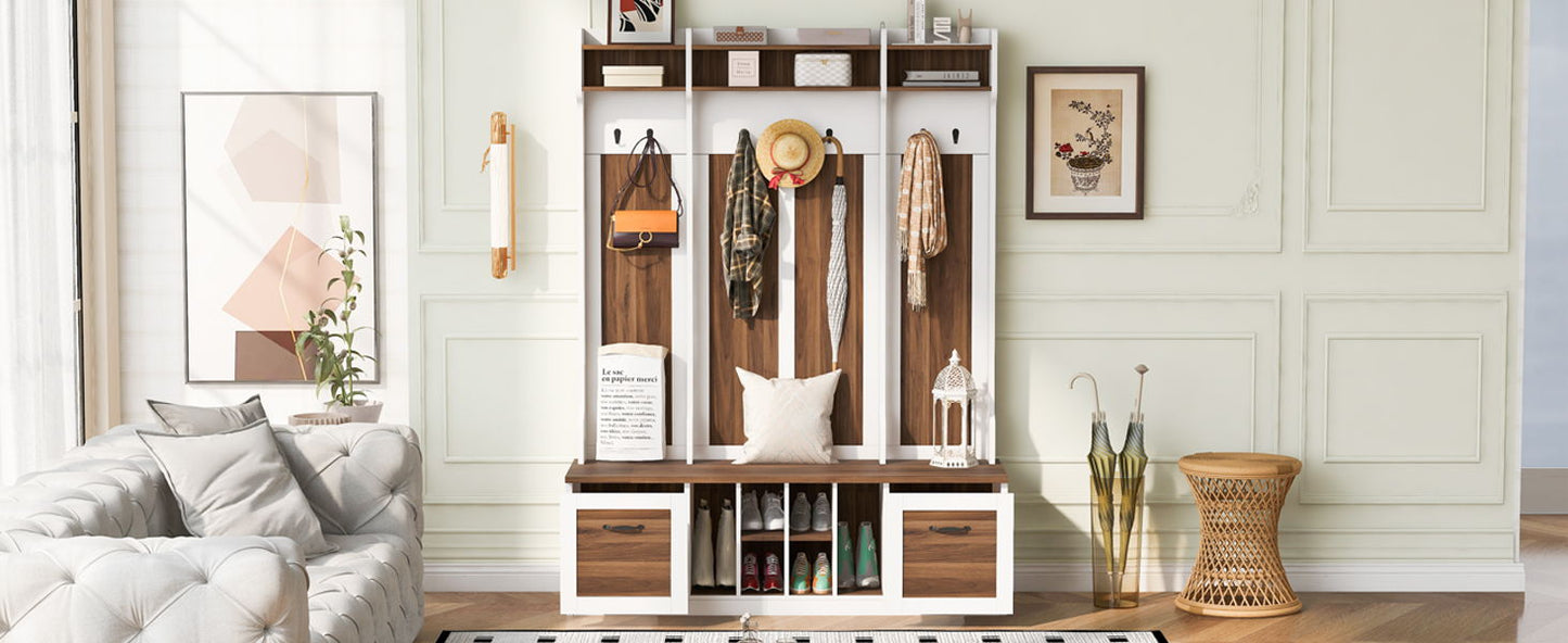 5 In 1 Entryway Bench With Coat Rack, 7 Sturdy Hooks, 2 Spacious Drawers And Adjustable Shelves, Wide Hall Tree With Metal Handles For Hallway - Brown / White