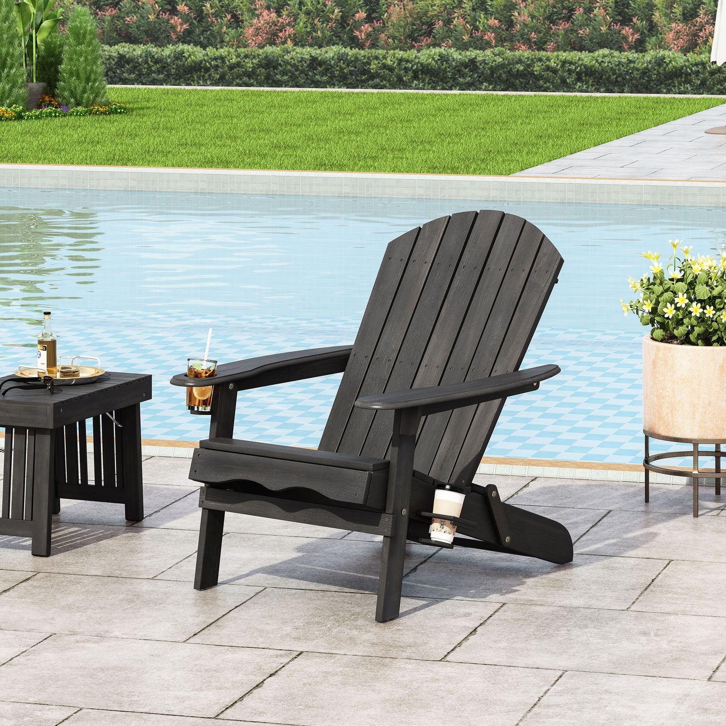 Zenithia - Outdoor Foldable Adirondack Chair With 2 Cup Holders - Dark Gray