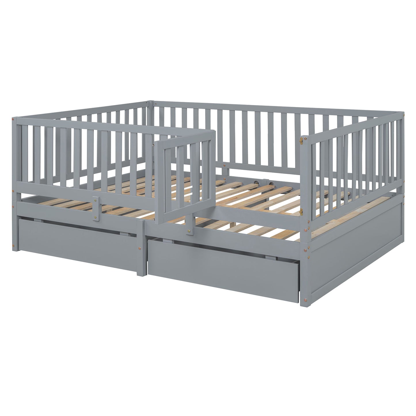 Full Size Daybed With Fence Guardrails And 2 Drawers - Gray