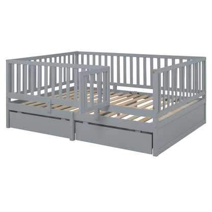 Full Size Daybed With Fence Guardrails And 2 Drawers - Gray