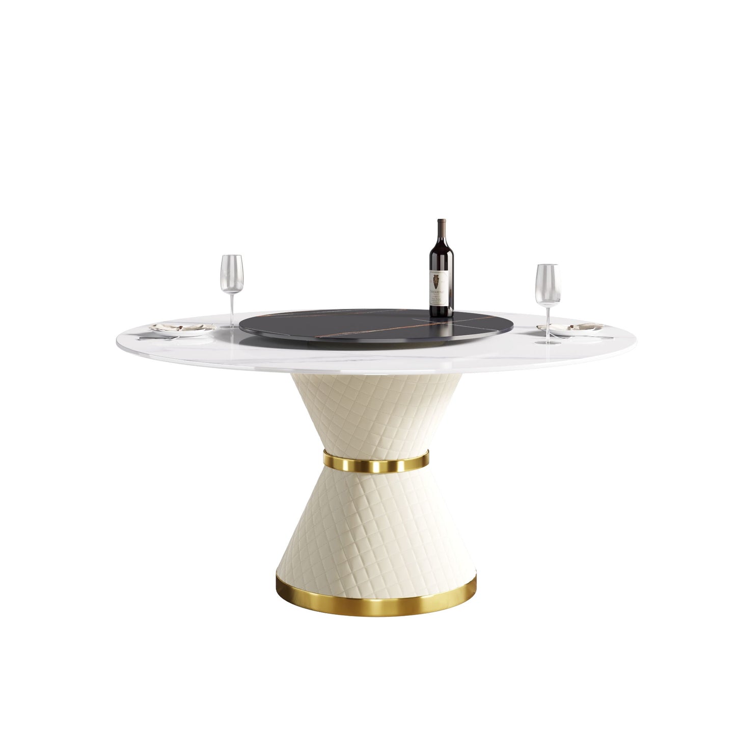 59.05" Modern Artificial Stone Round Carbon Steel Base Dining Table, Black Artificial Stone Turntable - White