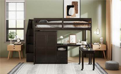 Full Size Loft Bed With Stairs, Bookshelf, Drawers, Desk & Wardrobe, Space Saving Multifunctional Furniture - Espresso