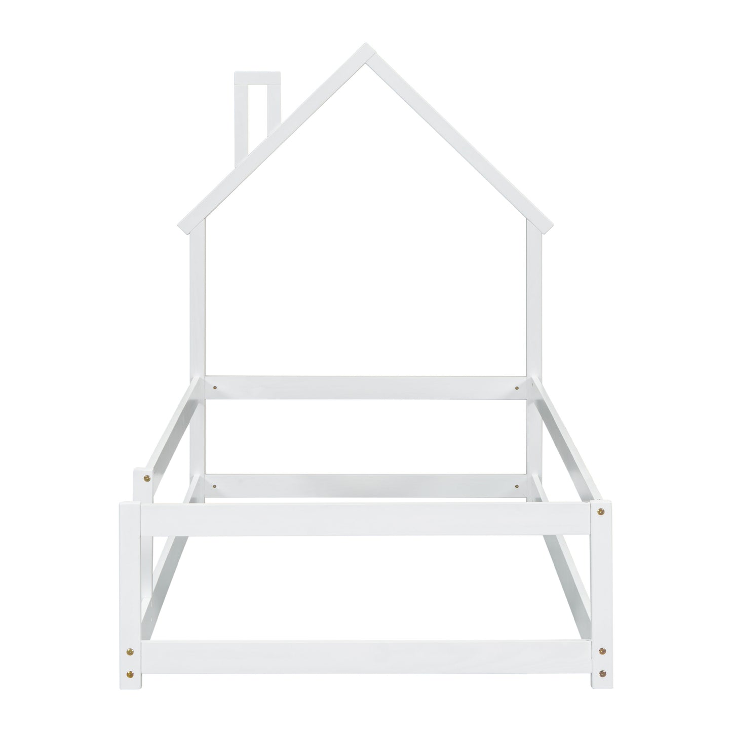 Twin Size Wood Bed With House-Shaped Headboard Floor Bed With Fences - White
