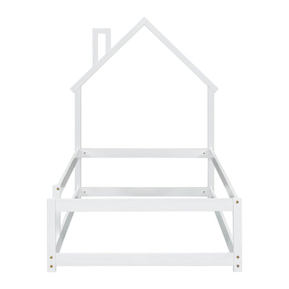 Twin Size Wood Bed With House-Shaped Headboard Floor Bed With Fences - White