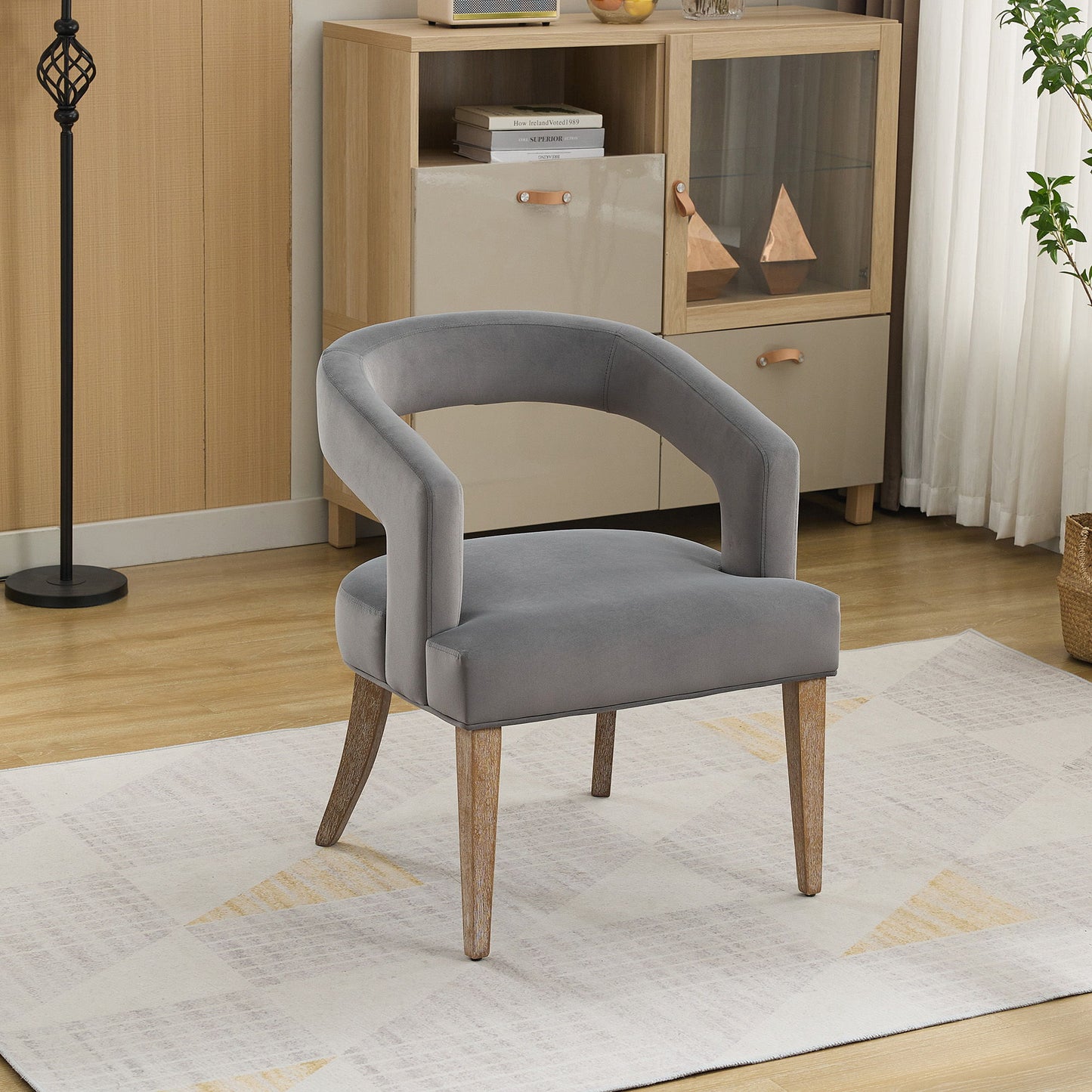 Wide Modern Barrel Open Back Upholstered Accent Chair With Weathered Solid Wood Legs Dining Chairs For Dining Room, Club, Kitchen - Gray