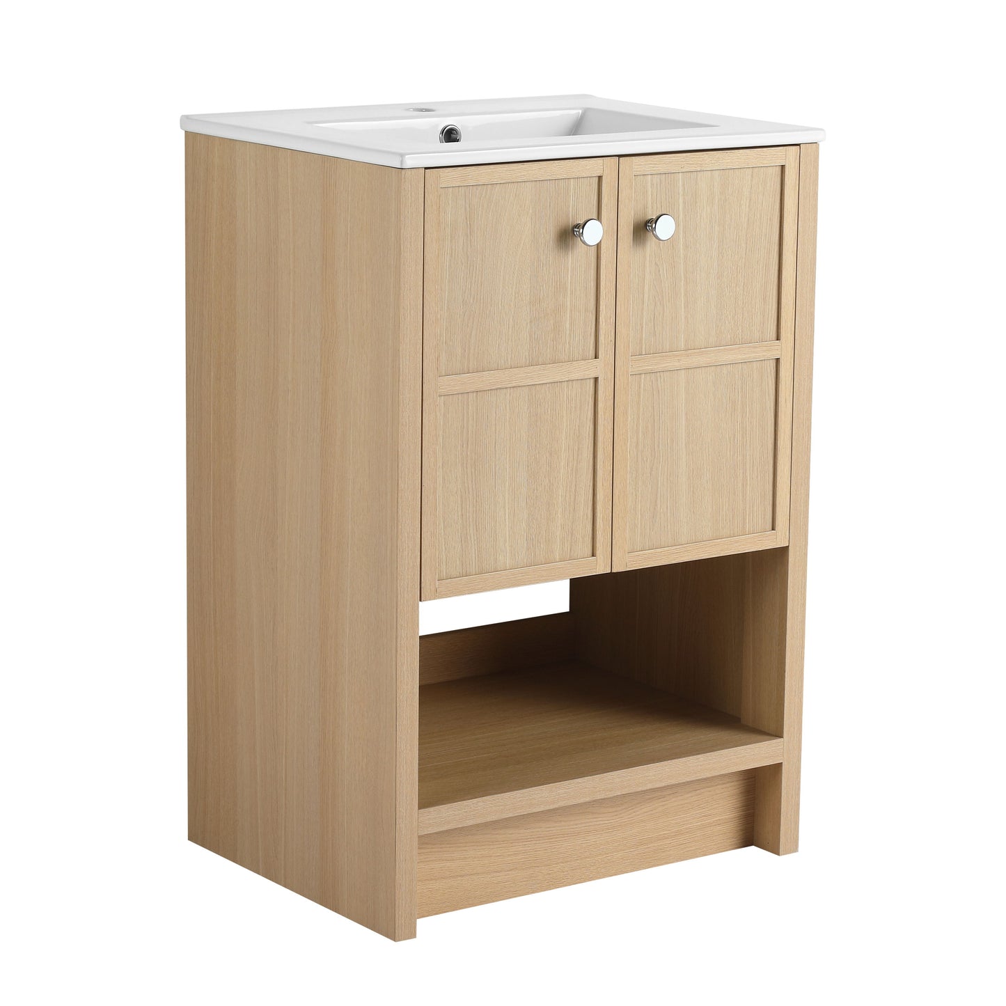 Modern 24" Freestanding Bathroom Vanity With Ceramic Sink And Soft Closing Doors - Oak