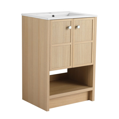 Modern 24" Freestanding Bathroom Vanity With Ceramic Sink And Soft Closing Doors - Oak