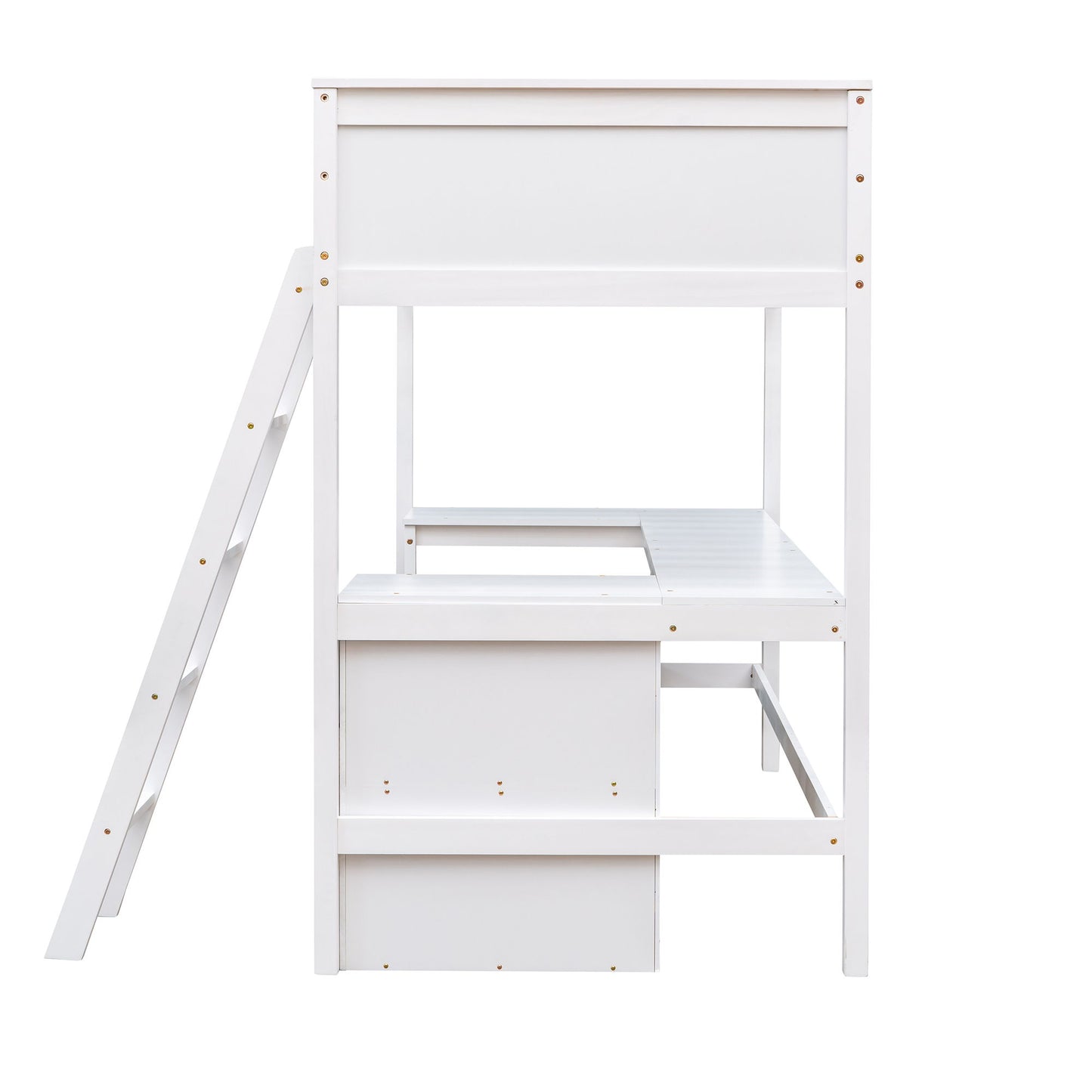 Twin Size Loft Bed With Shelves With Desk - White