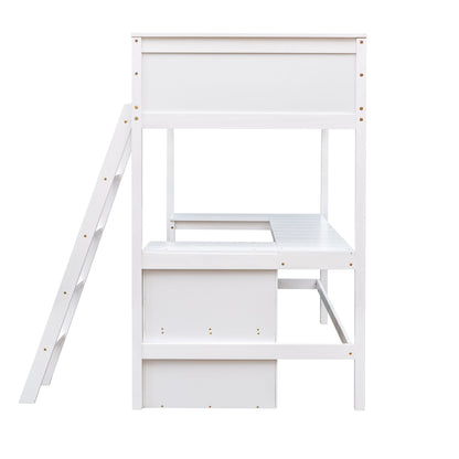 Twin Size Loft Bed With Shelves With Desk - White