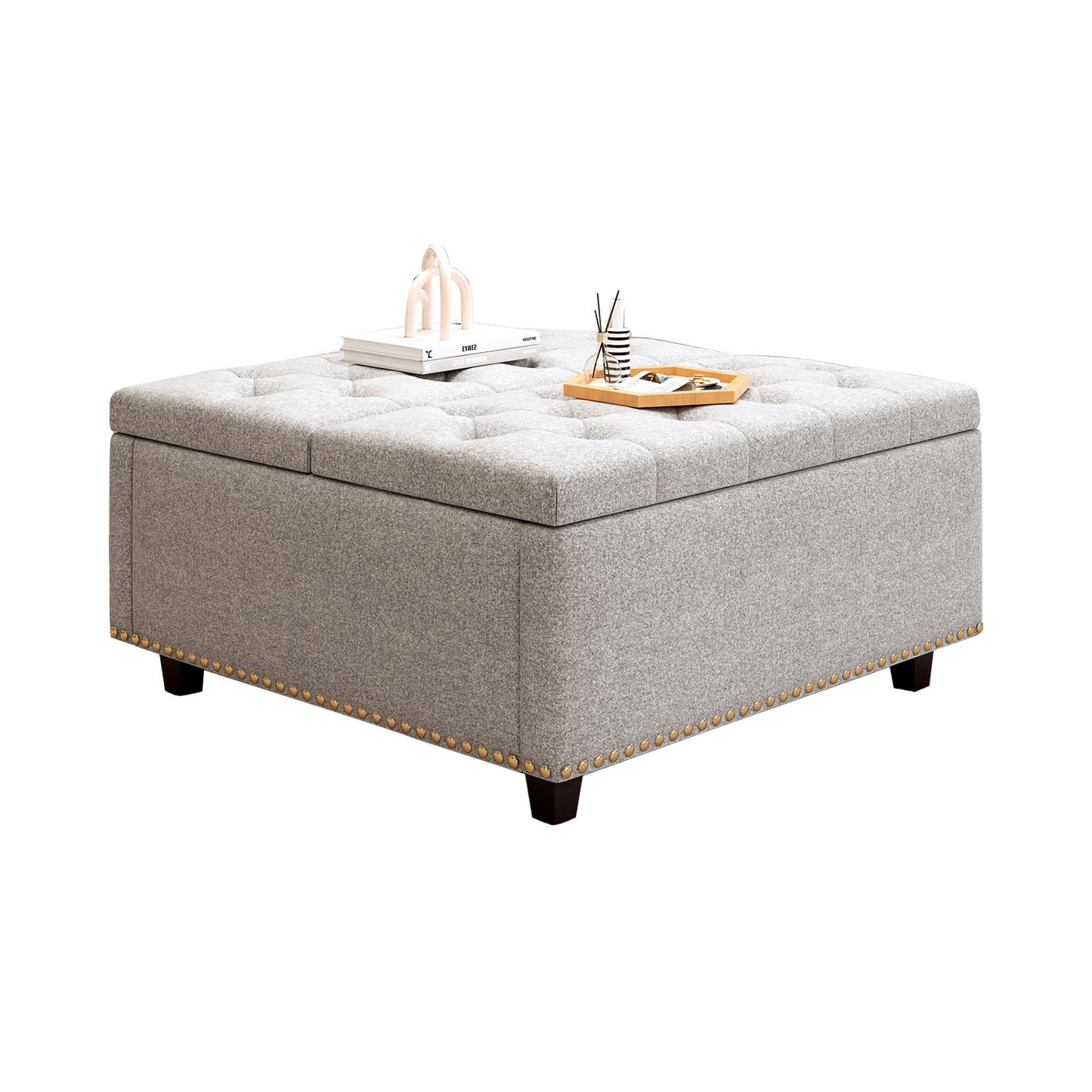 Large Square Storage Bench, Footstool With 2 Storage Doors, Mid - Century Modern Coffee Table For Living Room, Nailhead Inlay - Light Gray