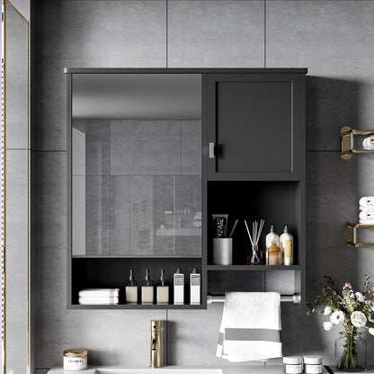 Modern Wall Mounted Bathroom Medicine Cabinet, Bathroom Wall Storage Cabinet With Mirror, Over The Toilet Space Saver Cabinet With Towels Bar - Black