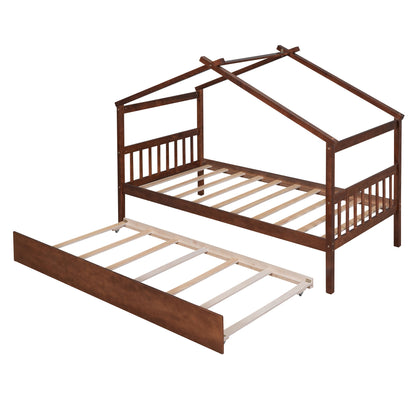 Twin Size House Bed With Twin Size Trundle - Walnut