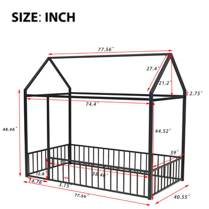 Twin Size Bed House Bed Frame With Fence - Black