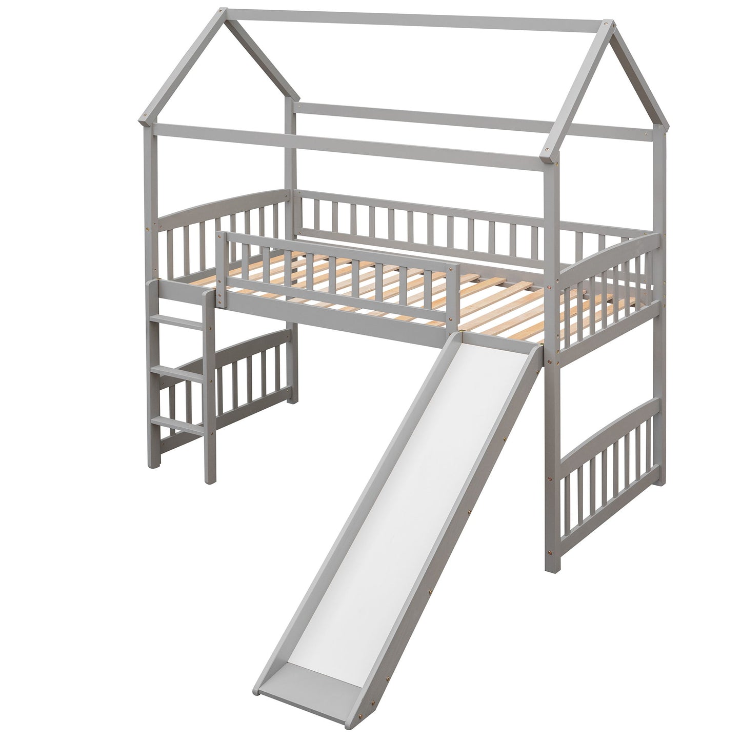 Twin House Loft Bed With Slide - Gray