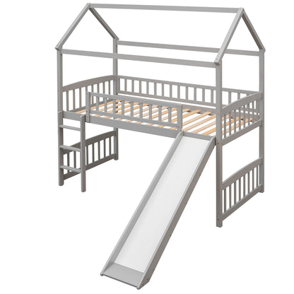 Twin House Loft Bed With Slide - Gray