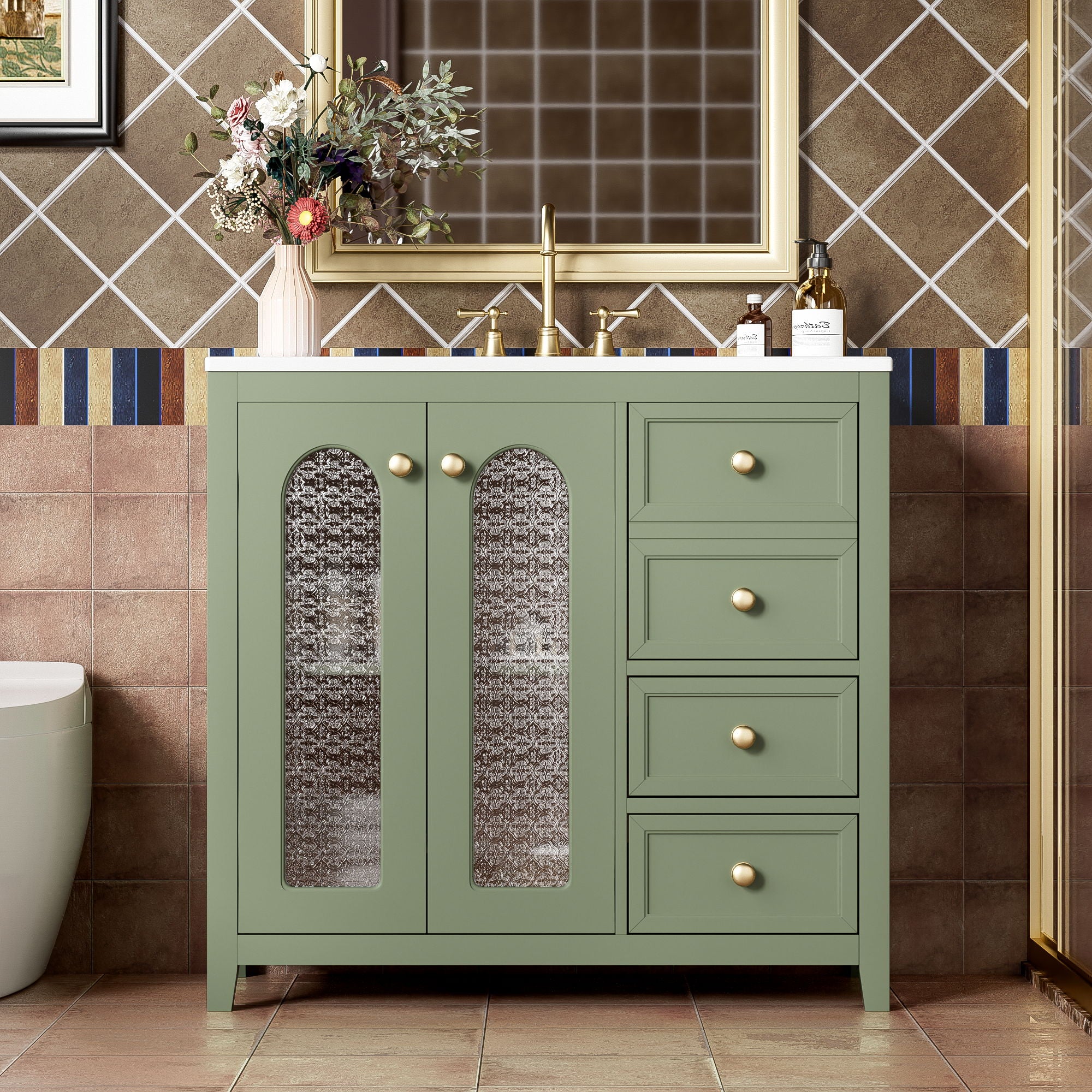 Bathroom Vanity With Two Soft Close Doors, Adjustable Shelves And Three Drawers - Green