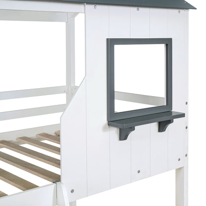 Twin Over Twin Bunk Bed Bed With Roof, Window, Guardrail, Ladder - White