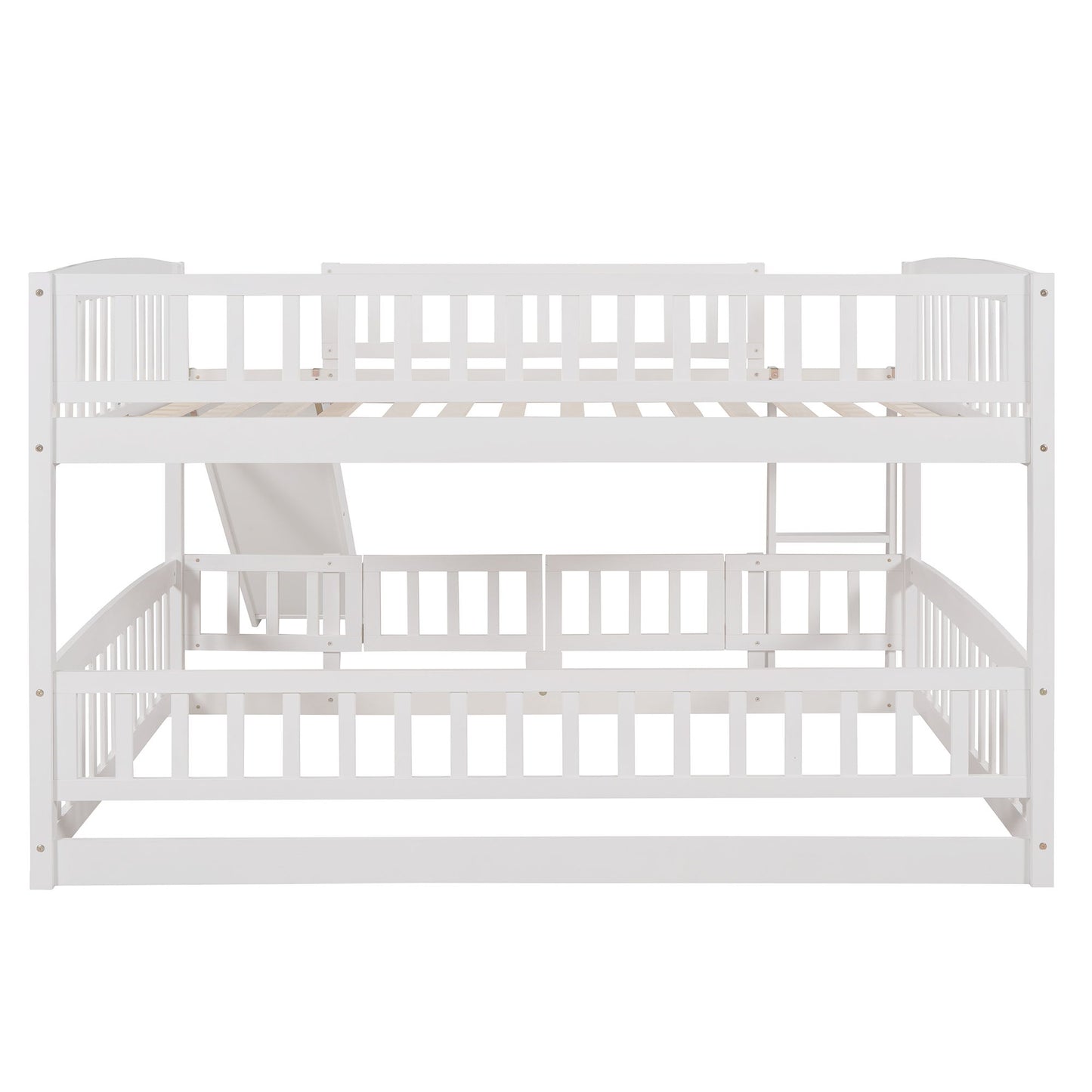 Full Over Full Low Bunk Bed With Slide, Fence And Ladder For Toddler - White
