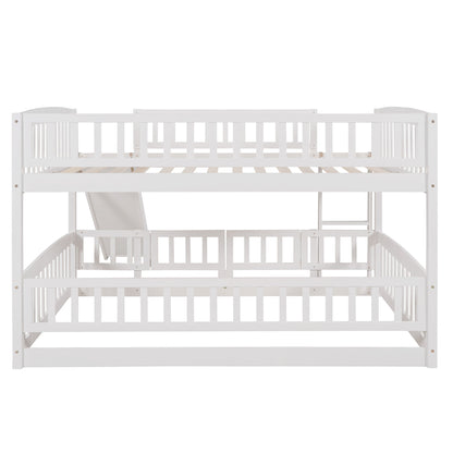 Full Over Full Low Bunk Bed With Slide, Fence And Ladder For Toddler - White