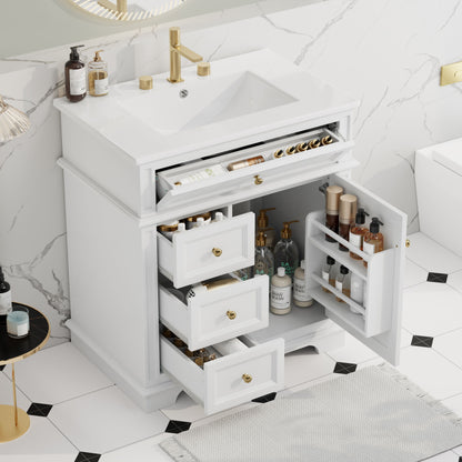 Freestanding 30" Bathroom Vanity With Sink, Soft Closing Door, Tip Out Drawer - White