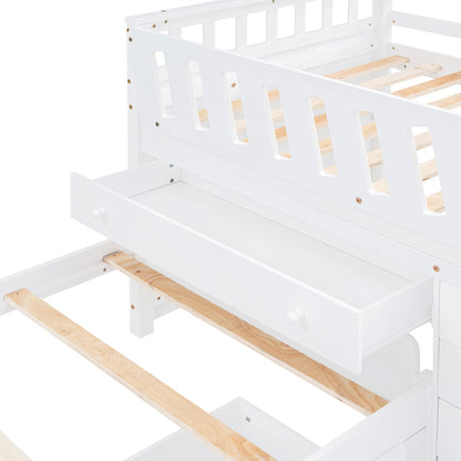 Twin Loft And Platform Bed With 7 Drawers And Full Guardrails, Modern L Shaped Space Savin - White