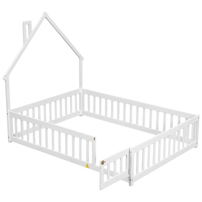 Full House-Shaped Headboard Floor Bed With Fence - White