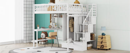 Full Size Loft Bed With Bookshelf, Drawers, Desk, And Wardrobe - White