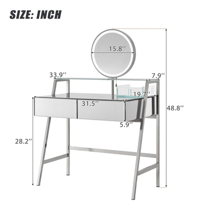33.9" Mirrored Makeup Vanity Desk With Mirror And Lights, Mirrored Console Vanity Table With 2 Big Drawers & Open Shelf, Dressing Table With Charging Station For Bedroom - Silver