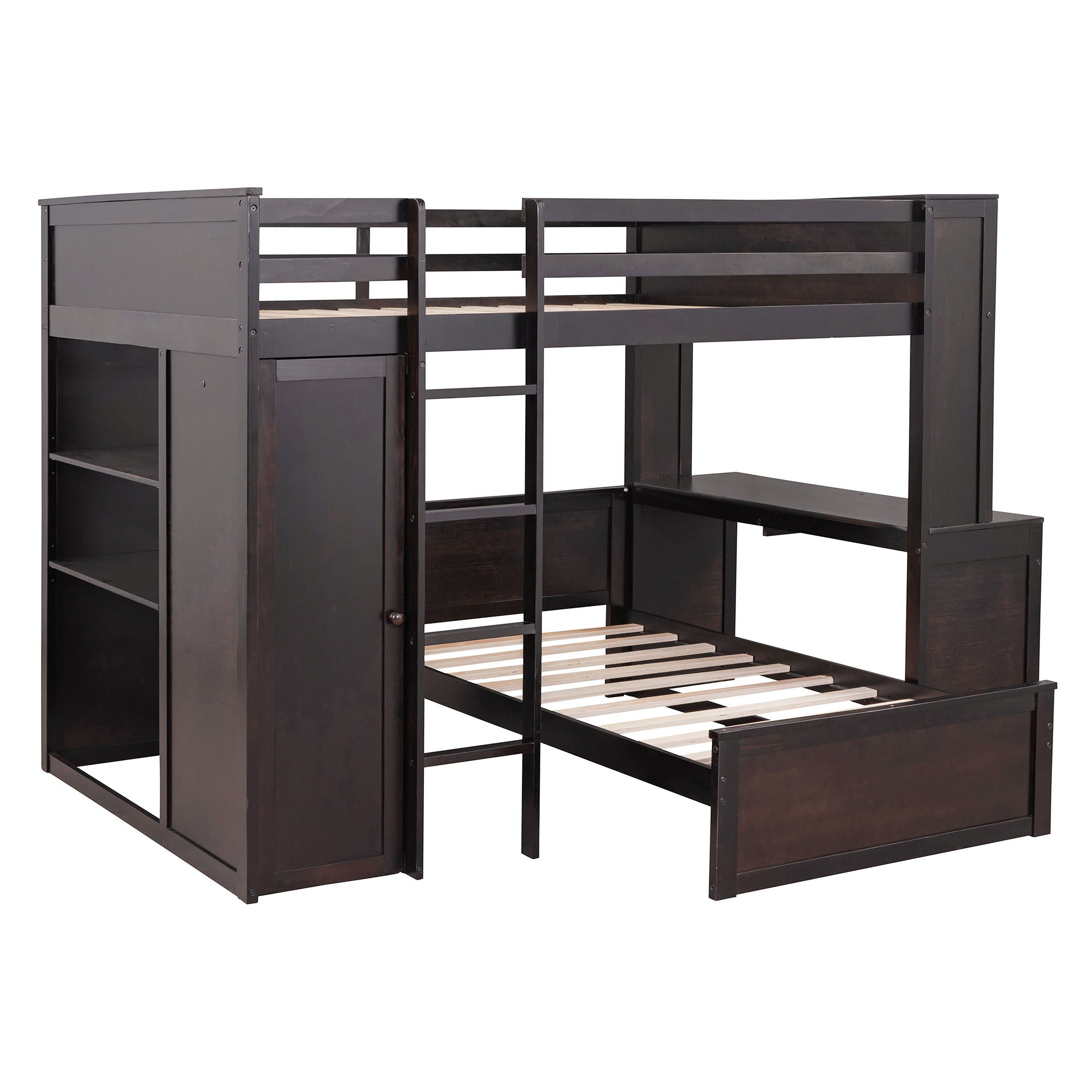 Full Size Loft Bed With A Twin Size Standalone Bed, Shelves, Desk, And Wardrobe - Espresso