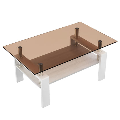 Modern Rectangular Coffee Table With Tempered Glass Top Layer, Table For Living Room - Brown / White