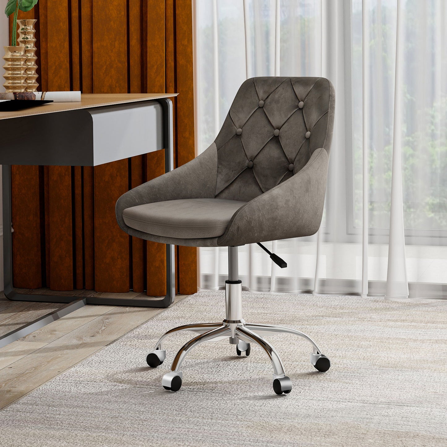 Modern Velvet Fabric Dining Chair With Chrome Legs, Soft And Comfortable, Lift Adjustment, Space Saving - Gray