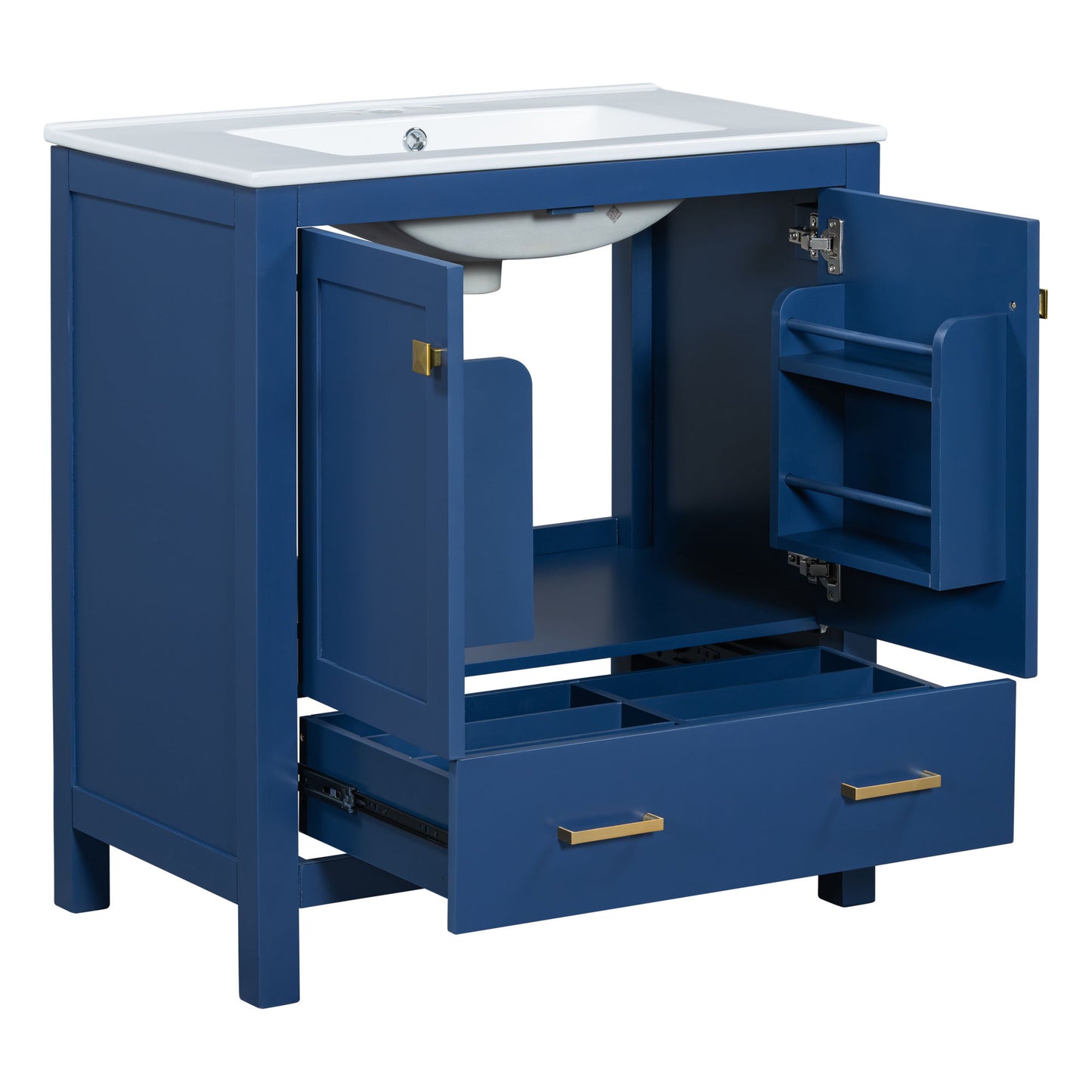 Bathroom Vanity With Single Sink, Combo Cabinet Undermount Sink, Bathroom Storage Cabinet With 2 Doors And A Drawer, Soft Closing, Multifunctional Storage, Solid Wood Frame - Blue