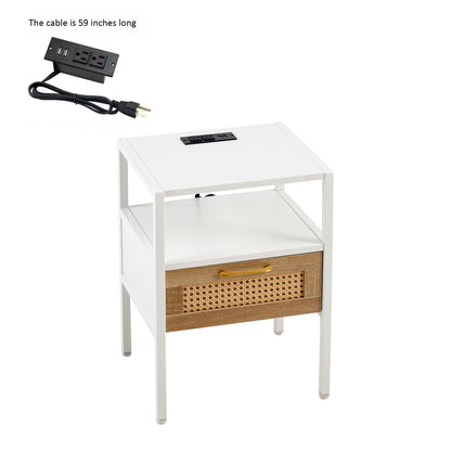 Rattan End Table With Power Outlet & USB Ports, Modern Nightstand With Drawer And Metal Legs, Side Table For Living Room, Bedroom (Set of 2) - White