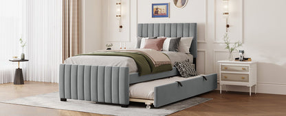 Twin Size Upholstered Platform Bed With Twin Size Trundle - Gray