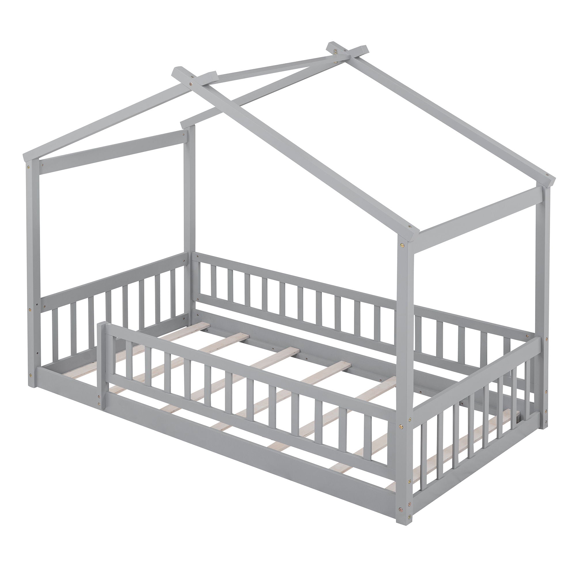 Twin Size Bed House Bed Frame With Fence - Gray
