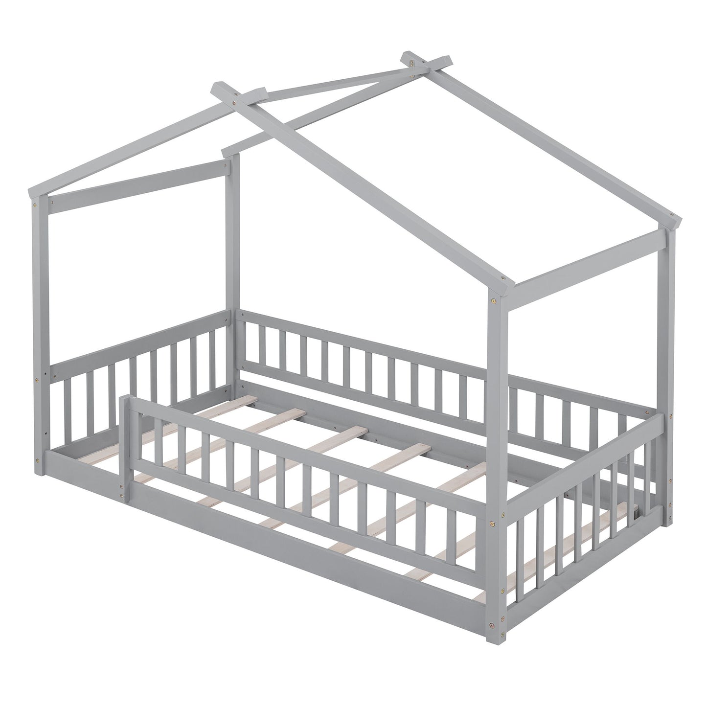 Twin Size Bed House Bed Frame With Fence - Gray
