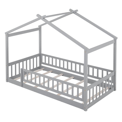 Twin Size Bed House Bed Frame With Fence - Gray