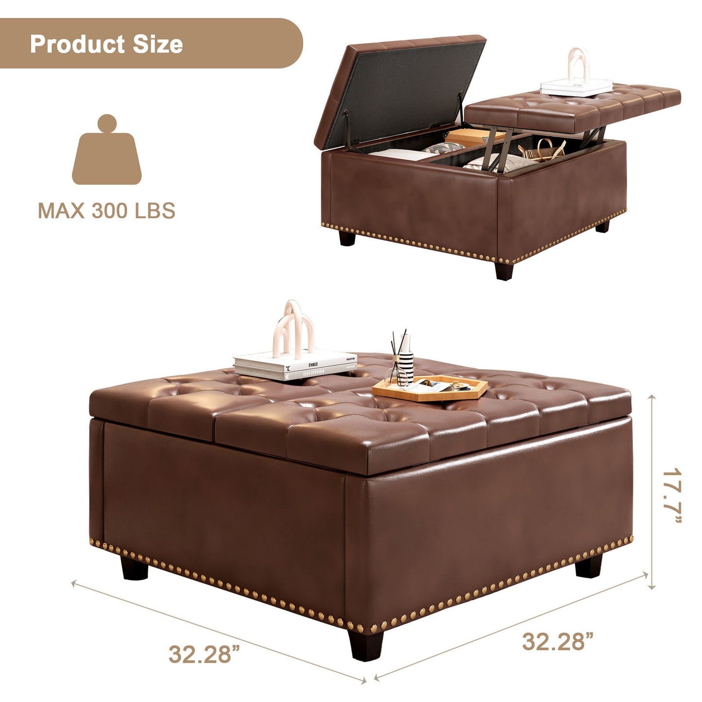 Large Square Storage Stool With 2 Storage Doors, Footstool For Living Room Mid - Century Modern Coffee Table With Nailhead Inlay - Brown