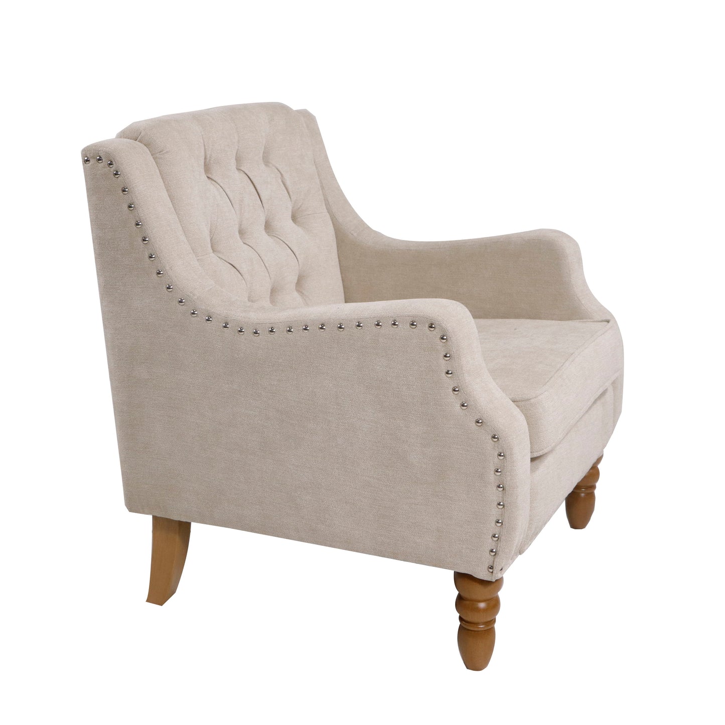 Accent Chair, Living Room Chair, Footrest Chair Set With Vintage Brass Studs, Button Tufted Upholstered Armchair For Living Room, Comfy Reading Chair For Bedroom, Reception Room - Beige